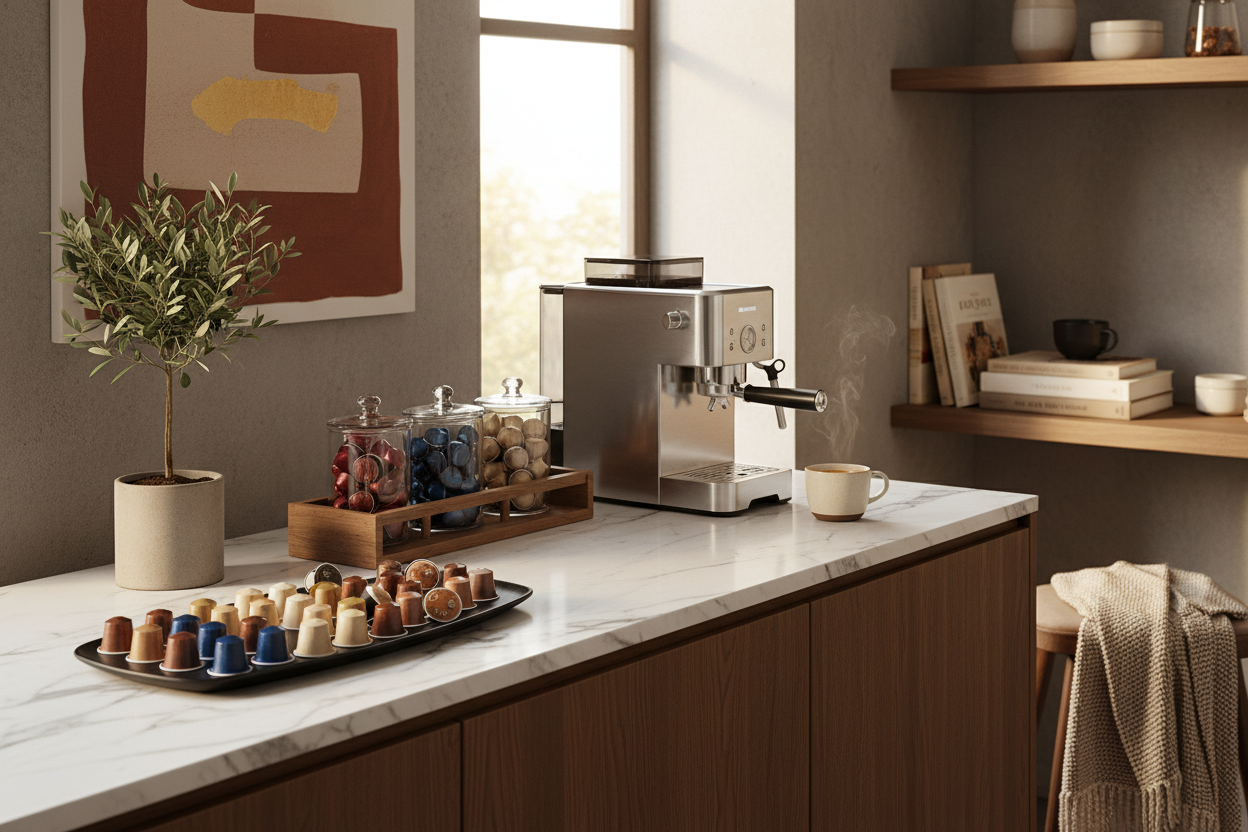 genera una immagine di cialde e capsule di caffè in un'ambientazione domestica, calda e contemporanea